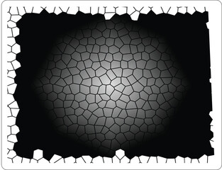 Abstract background featuring a stained glass or mosaic pattern with a strong radial gradient that focuses a white spotlight effect in the center, fading out to black edges. The polygonal texture.