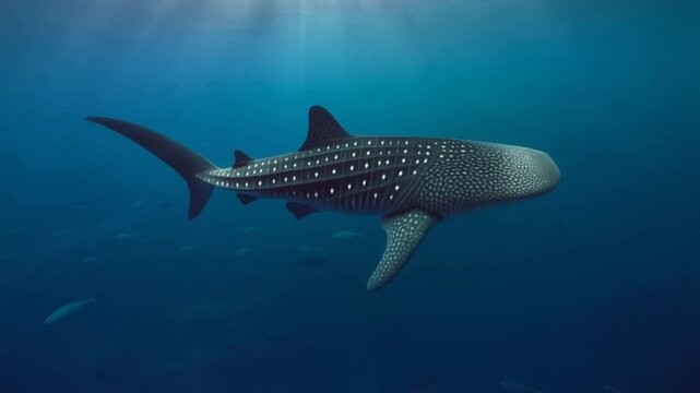 Wide underwater shot of a massive whale shark moving peacefully with tiny fish trailing