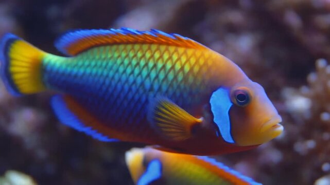 Cinematic macro shot capturing the reflective scales of a rainbow wrasse as it twists