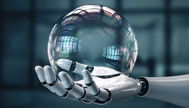 Robot Hand Holding Crystal Ball: A robotic hand cradles a luminous crystal ball, a striking image reflecting the convergence of technology and vision. - Powered by Adobe