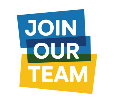 The words 'JOIN OUR TEAM' are displayed in white text on overlapping blue and yellow rectangular blocks with a subtle green line separating the blue and yellow.