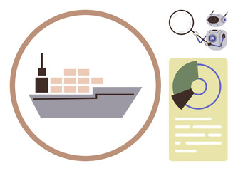 Cargo vessel with containers inside a circle, robotic device with magnifier, and analytical chart. Ideal for logistics, shipping, artificial intelligence, trade, analytics, automation global