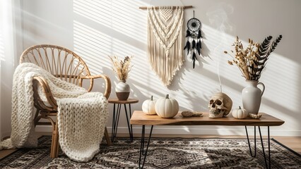 Boho Spooky Living Room with Dreamcatchers and Skulls