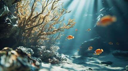 Underwater coral reef scene with fish, sunbeams, ocean floor.  Use Aquarium, marine life, nature.