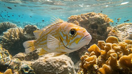 Yellow fish swims near coral reef, ocean background, underwater scene.