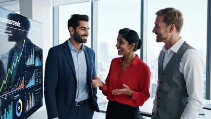 Diverse business team analyzing data on a screen showing growth. Colleagues celebrate successful results during a presentation in a modern office. Teamwork and financial success concept - Powered by Adobe