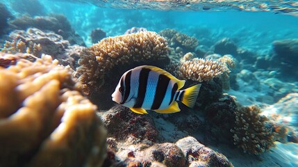 Tropical fish swims near coral reef in ocean. Underwater wildlife photo for travel brochures.