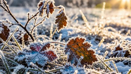 Time-lapse of frost melting on autumn leaves at sunrise. Close-up of frozen grass and foliage covered in ice crystals. The first frost of winter concept - Powered by Adobe