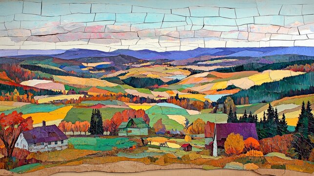 A vibrant mosaic artwork depicting a rural landscape in autumn. Rolling hills are covered in patchwork fields of yellow, green, and orange. Several farmhouses w