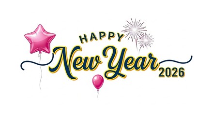 Festive Happy New Year 2026 Celebration Design with Balloons and Fireworks for Holiday Greetings and Invitations