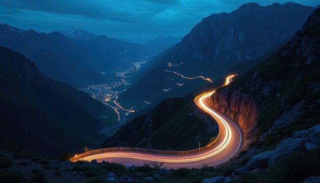 Winding mountain highway with car light trails at night. Long exposure captures traffic motion on serpentine pass. Illuminated village glows in valley below. Scenic roadtrip journey offers beautiful