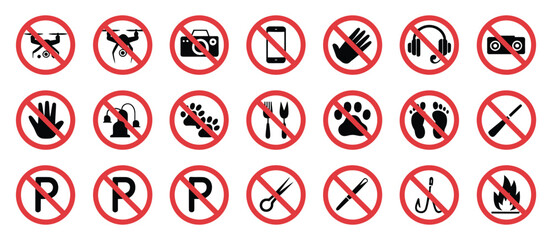 Prohibition signs vector illustration featuring no music, no sound, no fire, no pets, no eating, no photos, no drones, and no flying zone symbols for public safety and instructional graphics