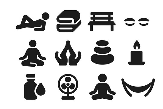 Relaxation Icon Set. Solid style icons of Relaxation: reclining figure, folded towel, wooden bench, closed eyes, lotus position,