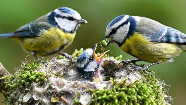 A pair of adult blue tit birds diligently feeding their hungry chick a green caterpillar in a mossy nest during springtime