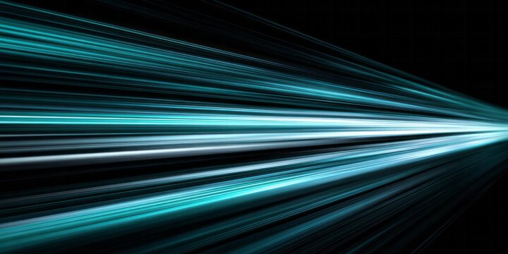 Intense cyan light beams streak rapidly across a dark background creating an illusion of high velocity motion.