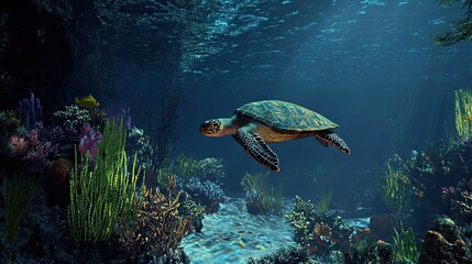 Sea turtle swims in vibrant coral reef, sunlit ocean background; underwater wildlife scene for marine conservation.