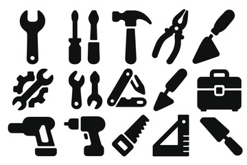 Obraz premium Solid Tool Icons. Solid style icons of Tools: wrench, screwdriver, hammer, pliers, gear tool, spanner, multitool, trowel, toolbox,