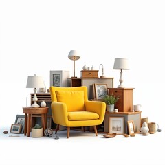 Fototapeta premium Yellow armchair, side tables, lamps, framed art arranged in clutter. Elements suggest home decor, room setup, moving day preparation. Includes potted plant, various decorative items, creating sense