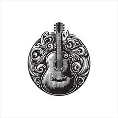 Elegant acoustic guitar vector logo illustration in a detailed ornate circular frame, featuring intricate swirling floral and leaf decorative elements for music branding