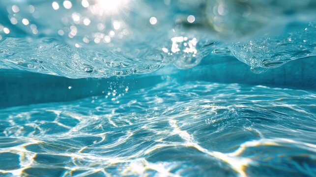 Underwater view of bright sunlit water surface with ripples and bokeh. - Powered by Adobe