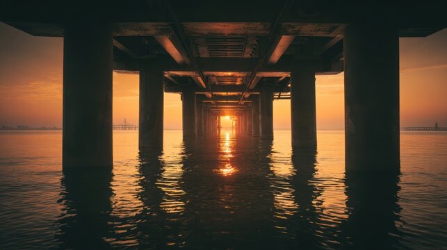 Bridge pillars rise above water during a dramatic orange sunset.