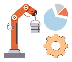 Robotic arm lifting object alongside pie chart and gear. Ideal for innovation, robotics, automation, efficiency, data analysis, industry, and technology. Simple flat metaphor