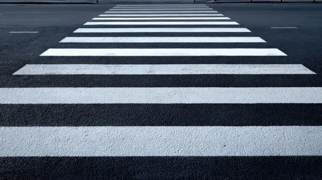 Pedestrian crosswalk stripes on dark asphalt street surface closeup. - Powered by Adobe