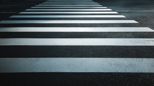 Fototapeta Close up of wet asphalt crosswalk stripes receding into darkness