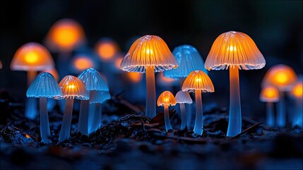 A close-up view of a cluster of bioluminescent mushrooms emitting a soft orange and blue glow in a dark, natural forest setting at night.
