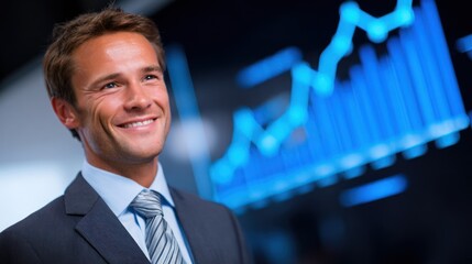 Smiling businessman in suit against blue digital financial graph background