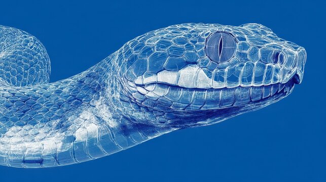 3D blueprint of snake head with detailed scales and eye, showing elongated anatomy and texture mapping on blue background, creating scientific and technical visual