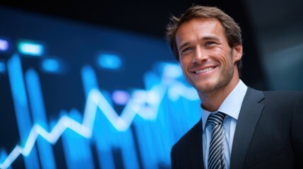 Smiling businessman in suit against blue financial chart background