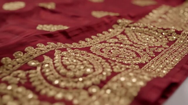 A close-up of a traditional red and gold embroidered fabric. Detailed panning shot of a luxurious Indian saree with sequin patterns. Exquisite textile craftsmanship