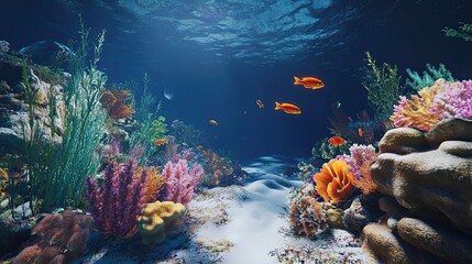 Underwater coral reef scene with vibrant fish, ocean background, ideal for marine life documentaries.