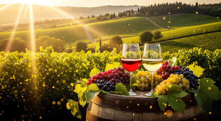 As the sun sets, fresh grapes with red and white wine glasses on a barrel overlooking the vineyards. Wine tasting in Tuscany.