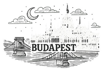 Fototapeta premium Drawing of Budapest with a bridge and a castle