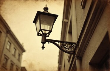 Ornate old street lamp attached to building exterior wall. Vintage metal lantern with glass panels shows aged bulb. Town street scene with classic building facade.
