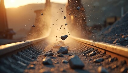 Rocks fall near railway tracks in a dusty industrial setting during golden hour. Heavy equipment and piles of material are visible in the background, suggesting mining operations.
