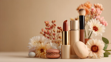 blank cosmetics products containers, beauty product display, Cosmetics and flowers on white background, flat lay. Beauty concept, Different makeup cosmetics and flowers,  Female accessories.