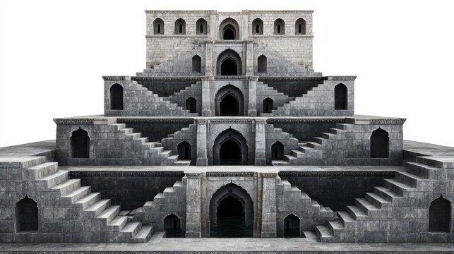 Ancient stone stepwell with symmetrical geometric staircases and arched doorways, showcasing intricate architectural design and historical construction style