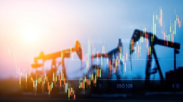Oil pumps overlaid with financial stock market candlestick chart.