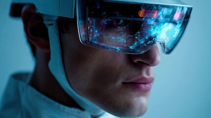 Man wearing futuristic augmented reality glasses with glowing interface.