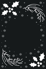 A Christmas frame made of fir branches, snowflakes, and holly berr for inscriptions and invitations. Perfect for New Year's, winter holidays, and other parties.