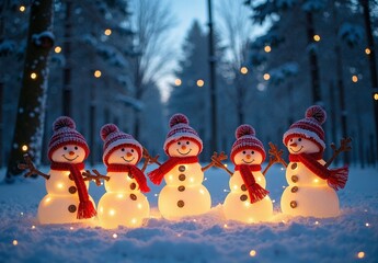 Five glowing snowman figures wrapped in fairy lights stand in a snowy forest clearing at dusk, wearing red hats and scarves.