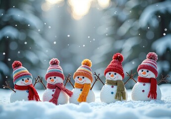 Five snowmen in striped knit hats and colorful scarves stand in falling snow before a blurred pine forest backdrop.