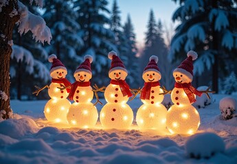 Five glowing snowman figures wrapped in fairy lights stand in a snowy forest clearing at dusk, wearing red hats and scarves.