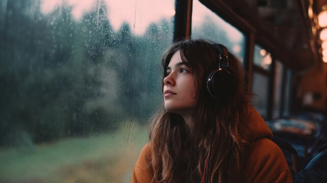 Young woman listens to music inside vehicle during rain