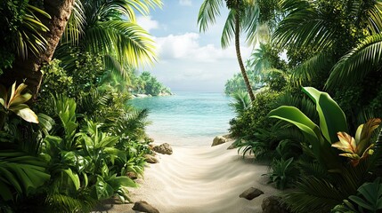 Tropical beach path, hidden cove, paradise, vacation.