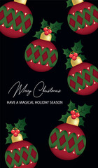 Christmas and New Year banner with Christmas tree decorations and the inscription " Merry Christmas,  Have a magical  holiday season"