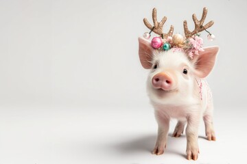 Adorable piglet wearing cute reindeer antlers and festive Christmas decorations, full-body pose on pure white background with beautiful studio lighting, hyperrealistic expression 